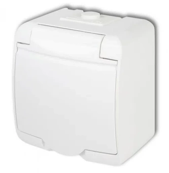 Karlik jednozásuvka s uzemněním, přisazená IP-54, bílá, s krytem Junior GHE-1