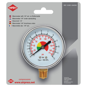 Tlakoměr Airpress 63mm 1/4" 0-12 bar spodní připojení 4342050