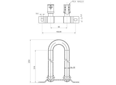 Sestava diamantového kolena s upevněním na měděnou trubku, lisovaná na PEX FZZ-015.16X15
