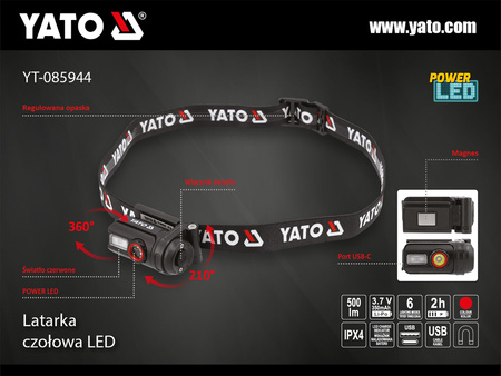 Dobíjecí čelová svítilna Yato 500lm YT-085944