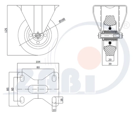 Zabi kovovo-pryžové kolo 100 v pevném pouzdře, symbol 13