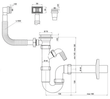 Jednodřezový sifon Ani Plast s kovovým sítkem 70mm s přepadem 1238