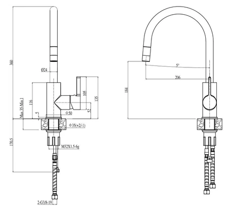 Dřezová baterie Alveus Tesla s výsuvným výtokem zlatá 1129050