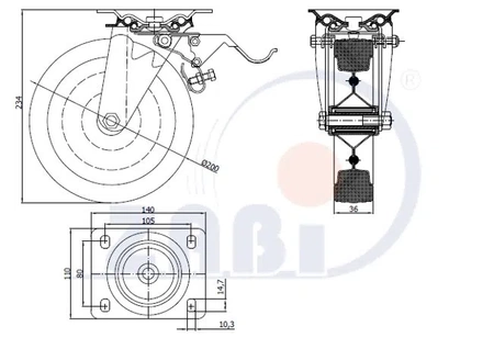 Zabi kovovo-pryžové kolo 200 v otočném pouzdře se symbolem brzdy 65H