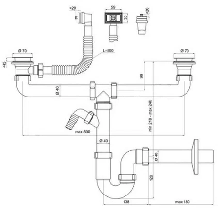 Tycner dvoutrubkový dřezový sifon s vývodem pro pračku, myčku 1239