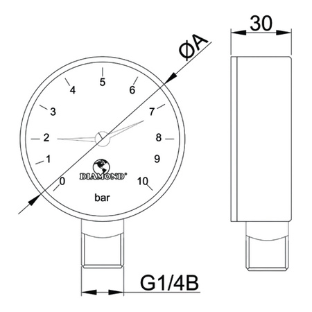 Diamantový radiální měřič krevního tlaku 1/4'' 0-10bar ART.418.63-10.