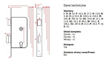 Zámek vkládací brány Jania s pákou, pravý ZP-SW-251