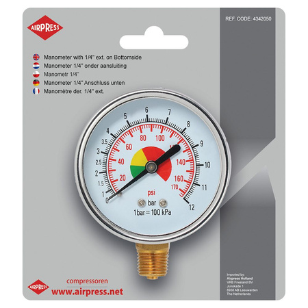 Tlakoměr Airpress 63mm 1/4" 0-12 bar spodní připojení 4342050