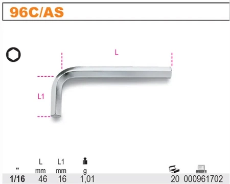 Beta klíč na L-klíč 1/16" šestihranný 96C/AS/1/16