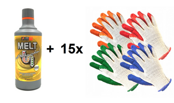 Melt set, tekutý čistič odtoků, 750 ml + 15 párů upířích rukavic, velikost XL