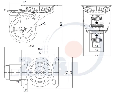 Zabi kovovo-pryžové kolo 80 v otočném pouzdře se symbolem brzdy 6H