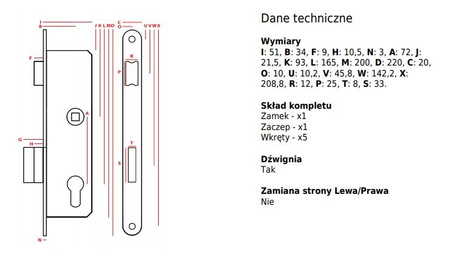 Úzký zámek Jania 72/34 mm pro levou vložku Z220