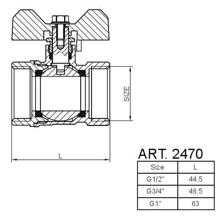 Diamantový kulový ventil 1/2" s motýlkem a ucpávkou Art.2470-1/2