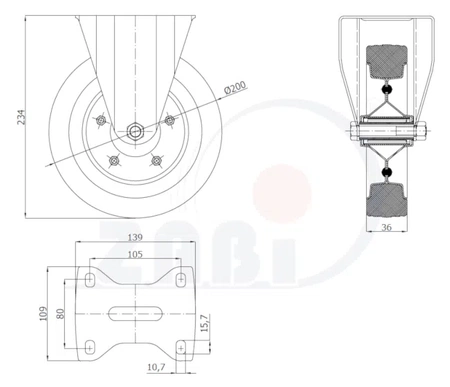 Zabi kovovo-pryžové kolo 200 v pevném pouzdře, symbol 63