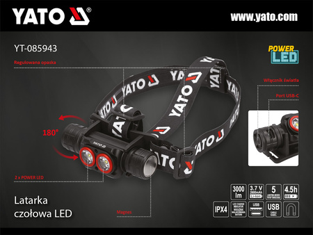 Dobíjecí čelová svítilna Yato 3000lm YT-085943