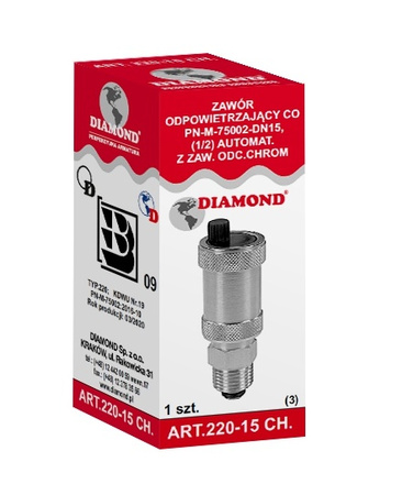 Automatický odvzdušňovací ventil 1/2" Diamond s chromovaným uzavíracím ventilem ART.220-15 CH