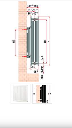 Diamantový ocelový deskový radiátor 550x400mm s bočním napájením a závěsem 22-550x400