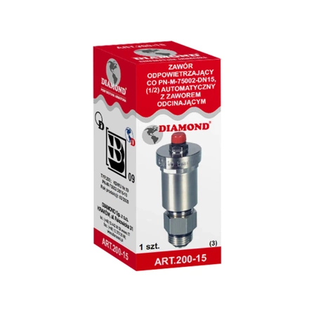 Diamantový odvzdušňovací ventil ústředního topení 1/2" automatický s uzavíracím ventilem ART.200-15